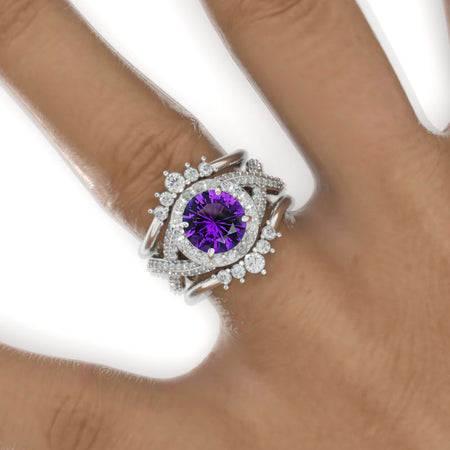 2 Carat Round Natural Amethyst  Halo 14K White Gold Twisted Shank Engagement Ring Set