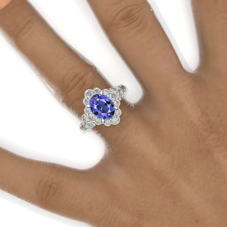 2 Carat Oval Vintage Natural Genuine Tanzanite Ring, Luxury Prong Setting Oval Cut Halo Engagement Ring 2ct Carat Oval Natural Genuine Tanzanite Victorian Ring