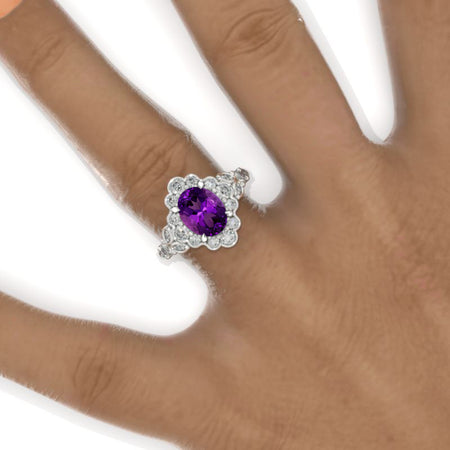 2 Carat Oval Vintage Natural Amethyst Ring, Luxury Prong Setting Oval Cut Halo Engagement Ring 2ct Carat Oval Natural Amethyst Victorian Ring