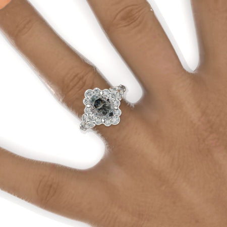 2 Carat Oval Vintage Gray Moissanite Ring, Luxury Prong Setting Oval Cut Halo Engagement Ring 2ct Carat Oval Gray Moissanite Victorian Ring