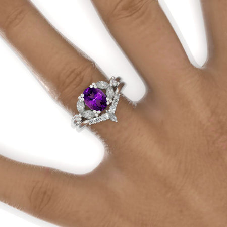 1.5 Carat Oval Natural Amethyst Cluster Halo 14K White Gold Floral Engagement Ring Set