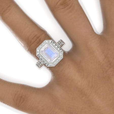 3 Carat Vintage Style Emerald Cut Genuine Natural Moonstone White Gold Engagement Ring