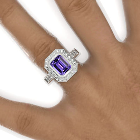 3 Carat Vintage Style Emerald Cut Purple Sapphire White Gold Engagement Ring