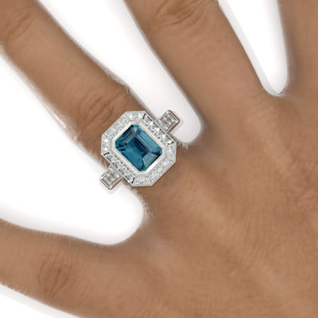 3 Carat Vintage Style Emerald Cut Teal Sapphire White Gold Engagement Ring