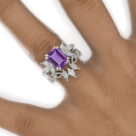 3 Carat Emerald Natural Amethyst Cluster Floral Engagement Ring 14K White Gold Ring Set