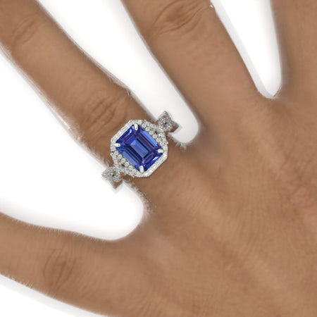 3 Carat Emerald Halo Natural Genuine Tanzanite Twisted Shank  White Gold Engagement Ring