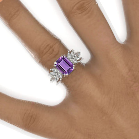 3 Carat Emerald Cluster Natural Amethyst White Gold Engagement Ring