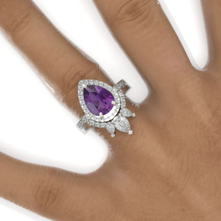 3 Carat Pear Natural Amethyst Halo Engagement Ring 14K White Gold Ring Set