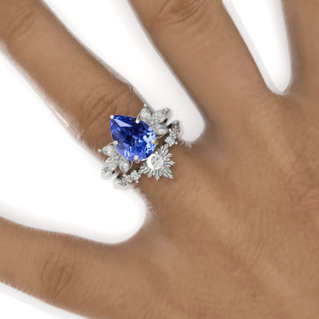 3 Carat Pear Natural Genuine Tanzanite Halo Floral  Engagement Ring 14K White Gold Ring Set