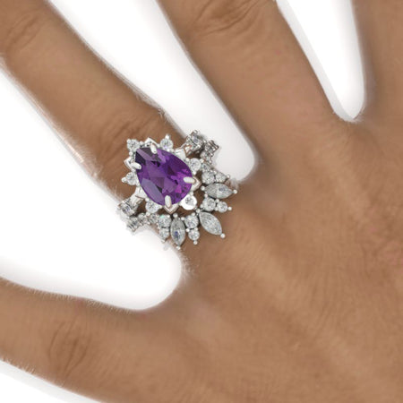 3 Carat Pear Natural Amethyst Halo Floral Engagement Ring 14K White Gold Ring Set