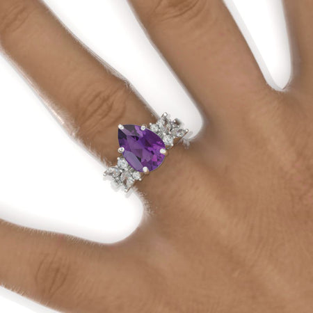 3 Carat Pear Natural Amethyst Cluster 14K White Gold Engagement Eternity Ring