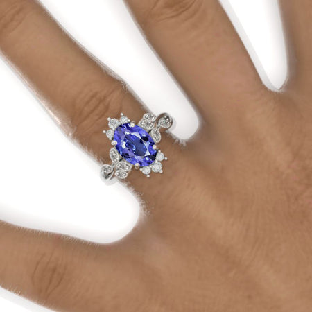 2 Carat Oval Natural Genuine Tanzanite Floral Setting White Gold Engagement Ring