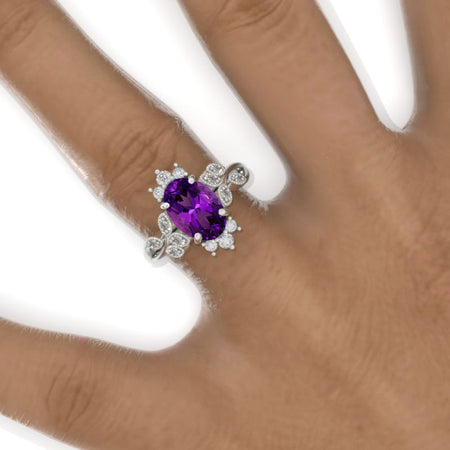 2 Carat Oval Natural Amethyst Floral Setting White Gold Engagement Ring