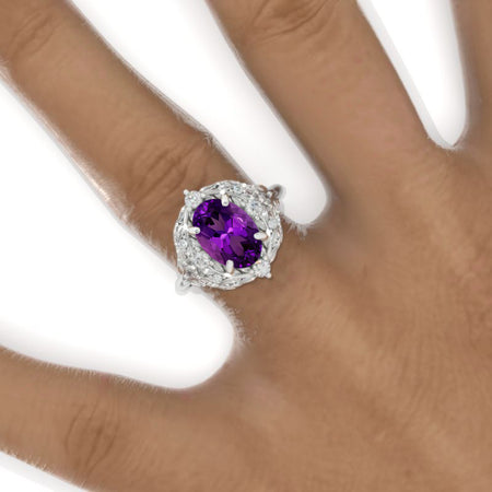 2 Carat Oval Natural Amethyst Floral Leaves Setting White Gold Engagement Ring