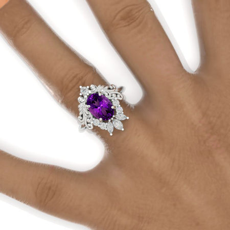 3 Carat Oval Natural Amethyst Halo Ornamental Engagement Ring