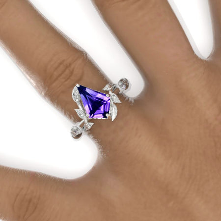 2.5 Carat Kite Natural Amethyst Twig Floral Leaf 14K White Gold Engagement Ring