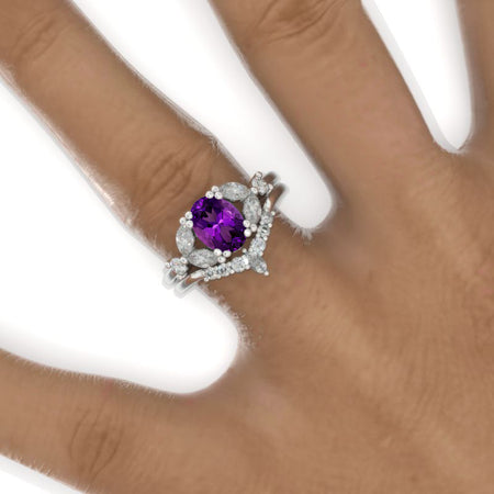 14K White Gold 1.5 Carat Oval Natural Amethyst Halo Engagement Ring Eternity Ring Set