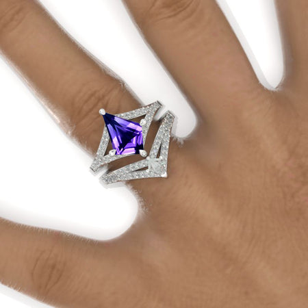 3 Carat Kite Natural Amethyst Halo 14K White Gold Engagement Ring, V Eternity Ring Set