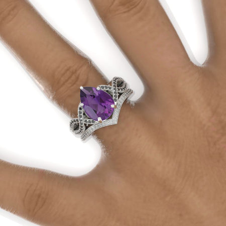 3 Carat Pear Natural Amethyst Twisted 14K White Gold Engagement Eternity Ring Set