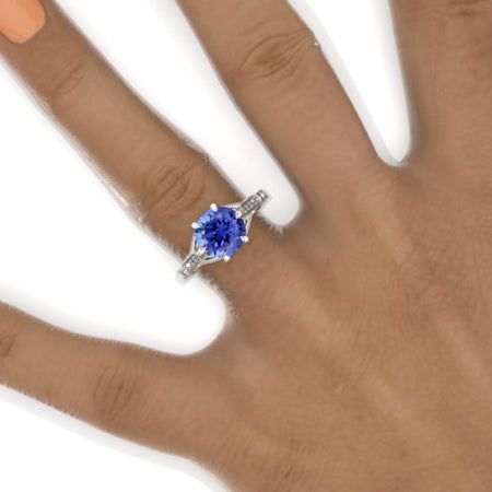 2 Carat Round Natural Genuine Tanzanite Hidden Halo Victorian Style  Engagement Ring