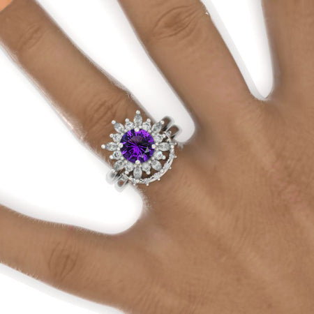 14K White Gold 2  Carat Round Natural Amethyst Halo Engagement Ring Eternity Ring Set