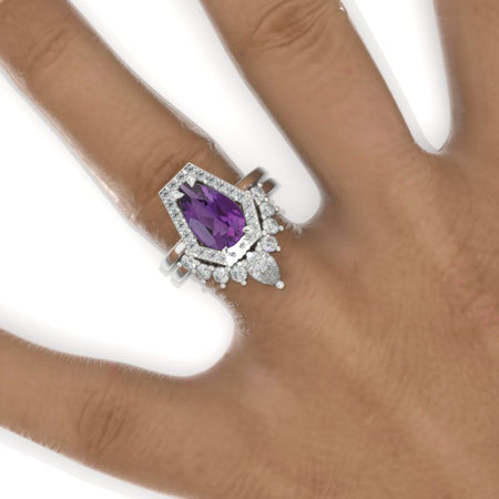 3 Carat Pear Natural Amethyst Halo Engagement Ring. Eternity Ring Set