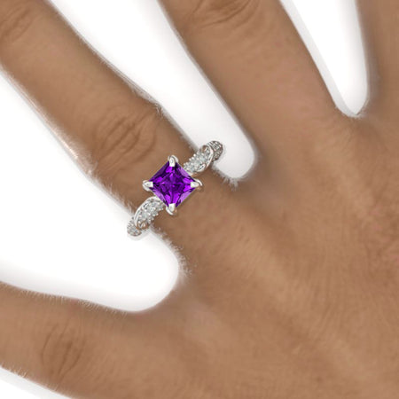 1.5 Carat Princess Cut Natural Amethyst White Gold Floral Engagement Ring Set