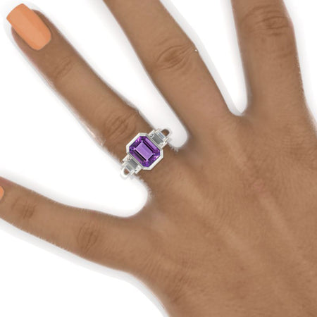 3 Carat Emerald Cut Bezel Set Natural Amethyst Five-Stone  Engagement Ring