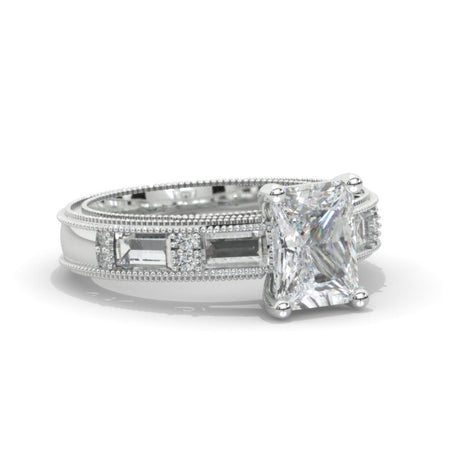 3 Carat Radiant Cut Moissanite White Gold Vintage Style Engagement Ring