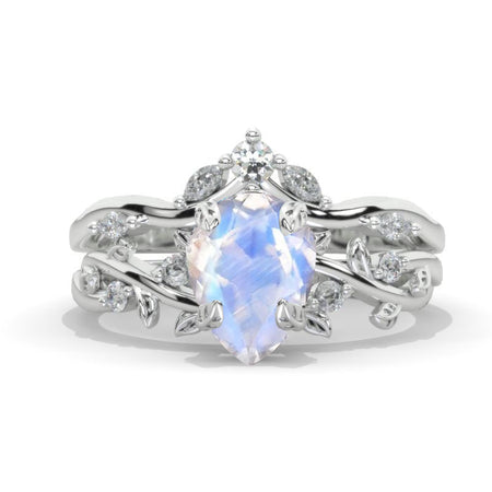 1.5 Carat Pear Genuine Moonstone Halo Floral Engagement 14K White Gold  Ring Eternity Ring Set