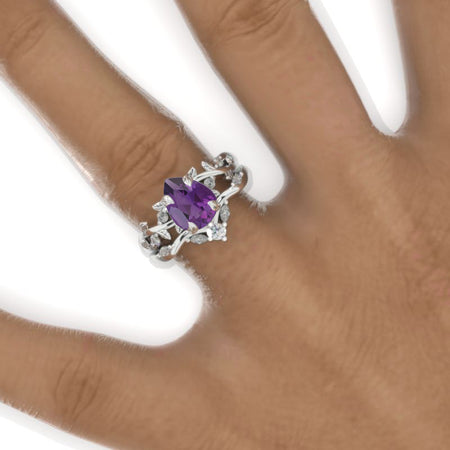 1.5 Carat Pear Halo Natural Amethyst Floral Engagement 14K White Gold Ring Eternity Ring Set