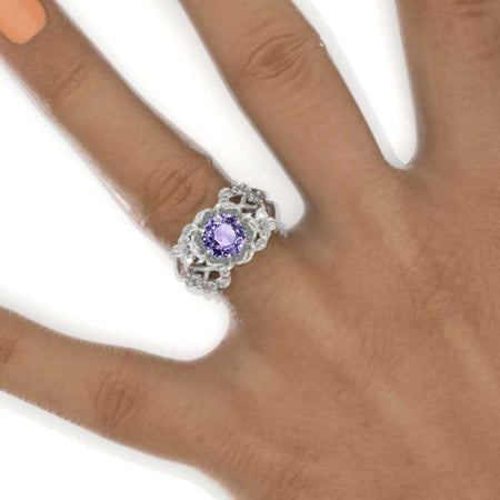 7mm Round Purple Sapphire Floral Leaves Style Engagement Ring