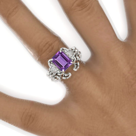 3 Carat Emerald Halo Natural Amethyst Twisted Shank  White Gold Engagement Ring Set