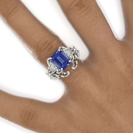 3 Carat Emerald Halo Natural Genuine Tanzanite Twisted Shank  White Gold Engagement Ring Set