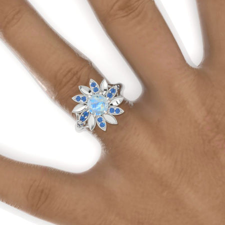 Sapphire Sunflower Floral Genuine Moonstone Ring