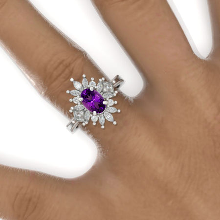 2 Carat Oval Snowflake Natural Amethyst Halo Engagement Ring