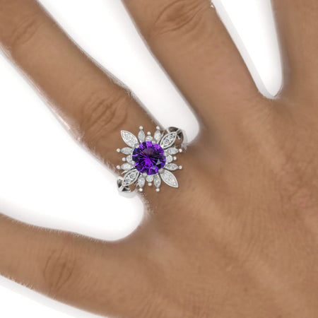 2 Carat Round Natural Amethyst Snowflake Halo Engagement Ring