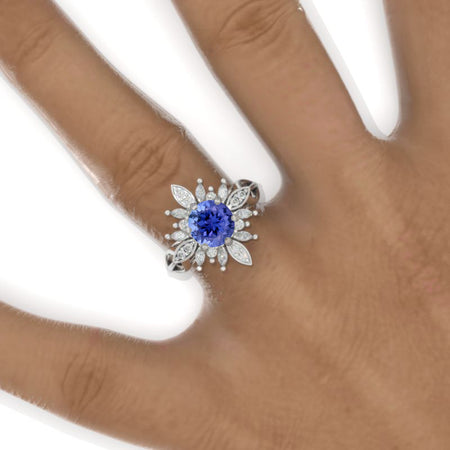 2 Carat Round Snowflake Natural Genuine Tanzanite Halo Engagement Ring