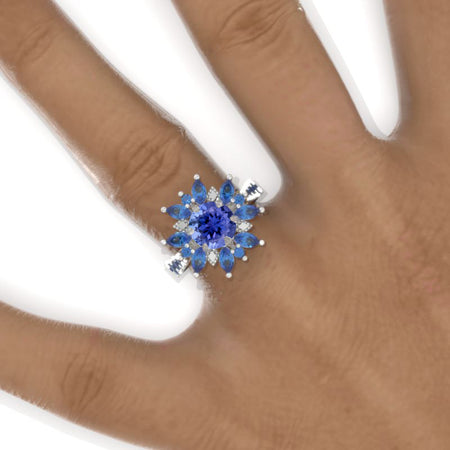 2 Carat Round Snowflake Natural Genuine Tanzanite Floral Sapphire Halo Engagement Ring