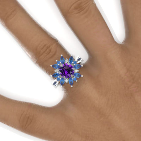 2 Carat Round Natural Amethyst Snowflake Floral Sapphire Halo Engagement Ring