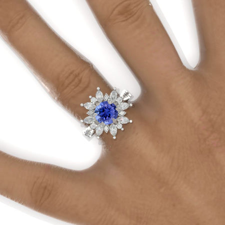 2 Carat Round Snowflake Natural Genuine Tanzanite Floral Halo Engagement Ring