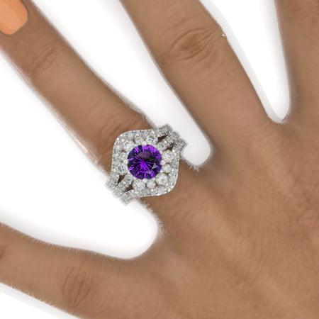 2 Carat Round Natural Amethyst Snowflake Halo Engagement Ring Set. Victorian 14K White Gold Ring Set