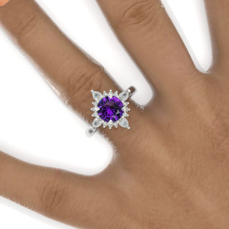 2 Carat Round Natural Amethyst Snowflake Start Halo Engagement Ring