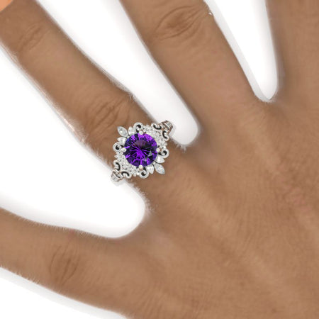 2 Carat Flowers Halo Vintage Style Natural Amethyst Engagement Ring 14K White Gold