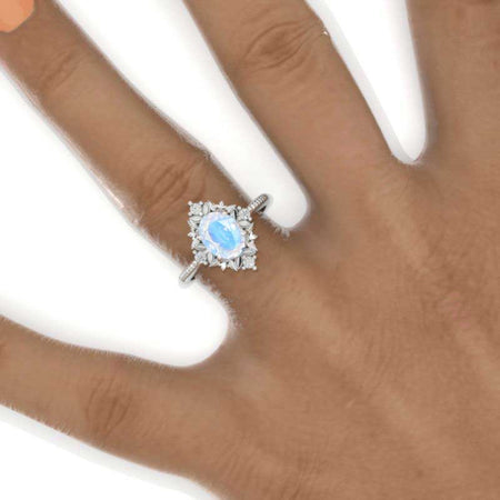 1.5 Carat Genuine moonstone Flowers Halo 14K White Gold Engagement Promissory Ring