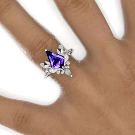 2.5 Carat Kite Natural Amethyst Floral Leaves 14K White Gold Engagement Ring