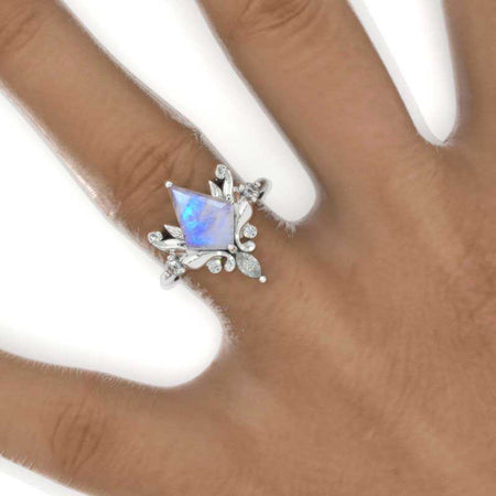 2.5 Carat Kite Genuine moonstone Floral Leaves 14K White Gold Engagement Ring