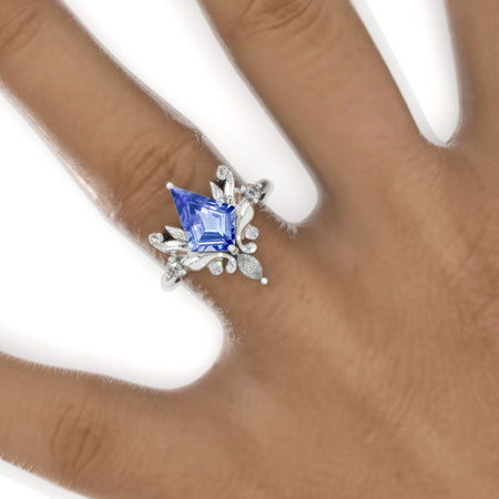 2.5 Carat Kite Natural Genuine Tanzanite Floral Leaves 14K White Gold Engagement Ring