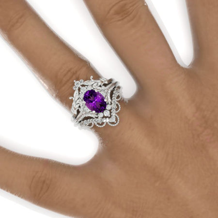 1.5 Carat Oval Natural Amethyst Cluster Floral Halo 14K White Gold Floral Engagement Ring Set