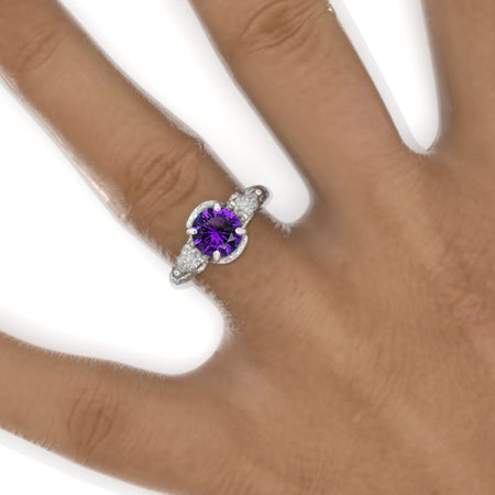 Floral Leaves Natural Amethyst Engagement Ring 14K White Gold